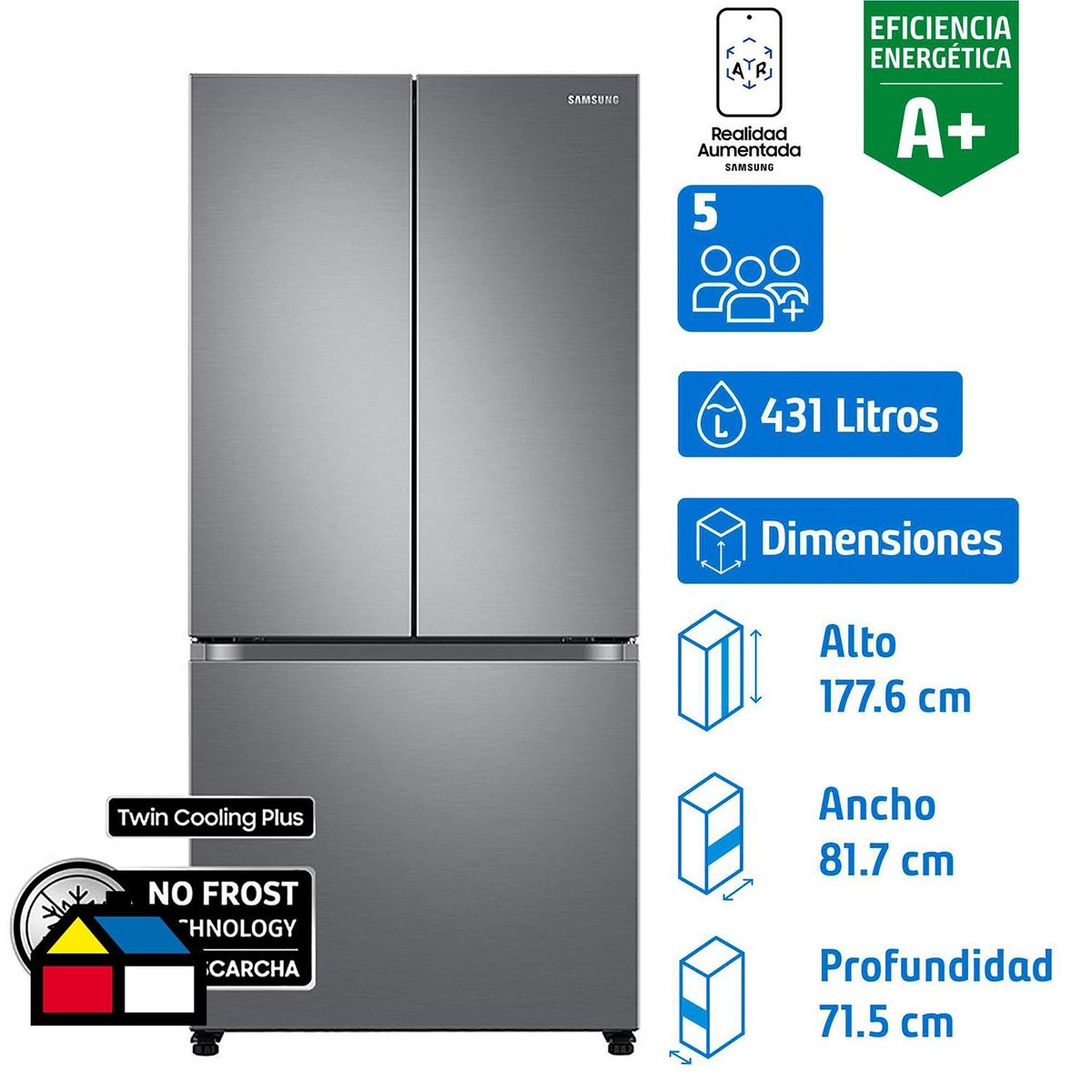 SAMSUNG - Refrigerador French Door No Frost 431 Litros Refined Inox RF44A5002S9/ZS