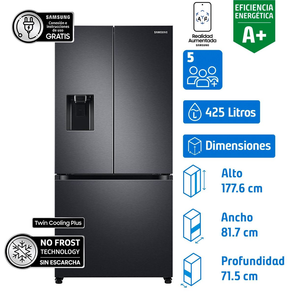 SAMSUNG - Refrigerador French Door No Frost 425 Litros Black RF44A5202B1/ZS