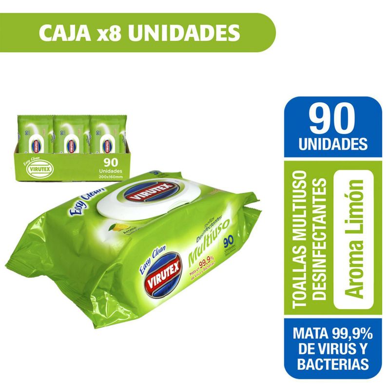 VIRUTEX - Caja con 8 paquetes toallas desinfectantes limón 90 unidades