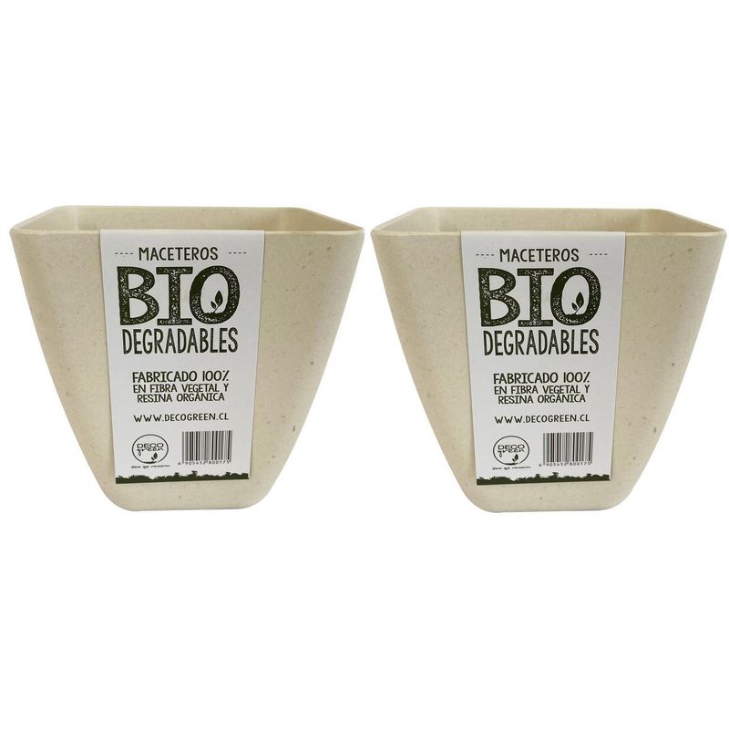 DECOGREEN - Set 2 Maceteros y Platos Biodegradable de Bambú 13.3x12.4 Blanco