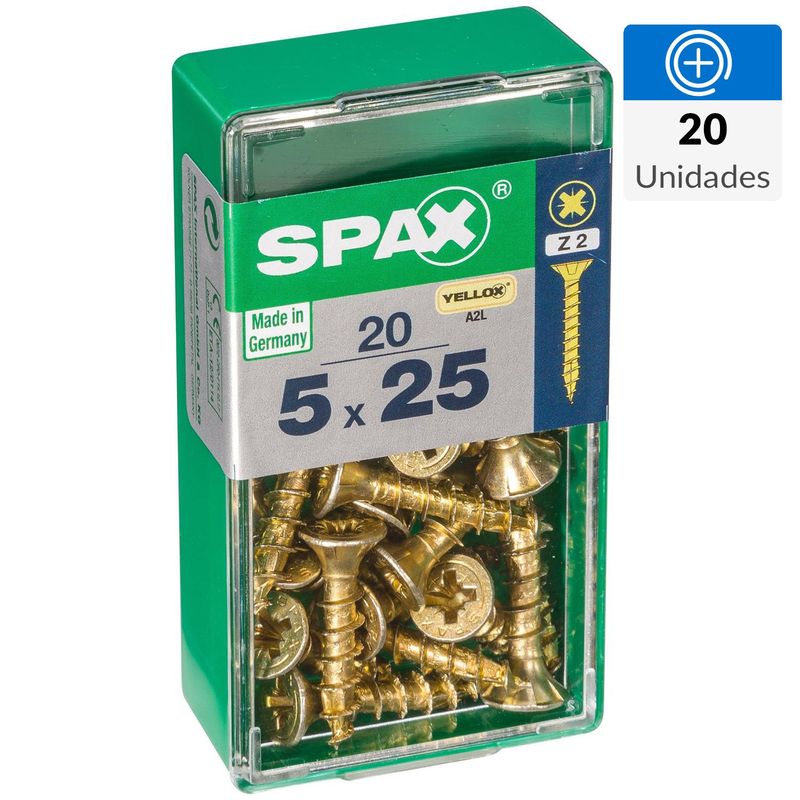SPAX AMERICAN SCREW - Tornillo Spax Tirafondo Cabeza Plana Madera Aglomerada 25 mm 5 mm 20 Unidades