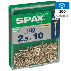 SPAX AMERICAN SCREW - Tornillo Spax Tirafondo Cabeza Plana Madera Aglomerada 10 mm 2.5 mm 100 Unidades
