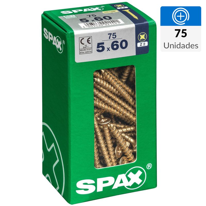 SPAX AMERICAN SCREW - Tornillo Spax Tirafondo Cabeza Plana Madera Aglomerada 60 mm 5 mm 75 Unidades