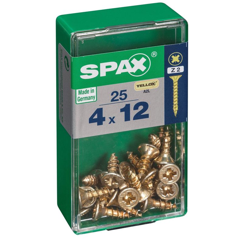 SPAX AMERICAN SCREW - Tornillo Spax Tirafondo Cabeza Plana Madera Aglomerada 12 mm 4 mm 25 Unidades