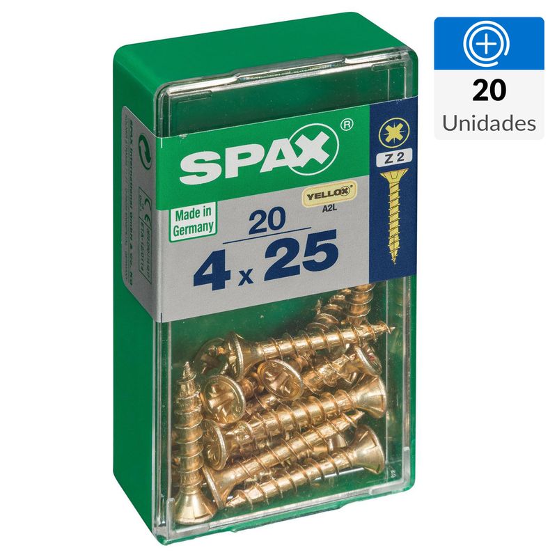 SPAX AMERICAN SCREW - Tornillo Spax Tirafondo Cabeza Plana Madera Aglomerada 25 mm 4 mm 20 Unidades