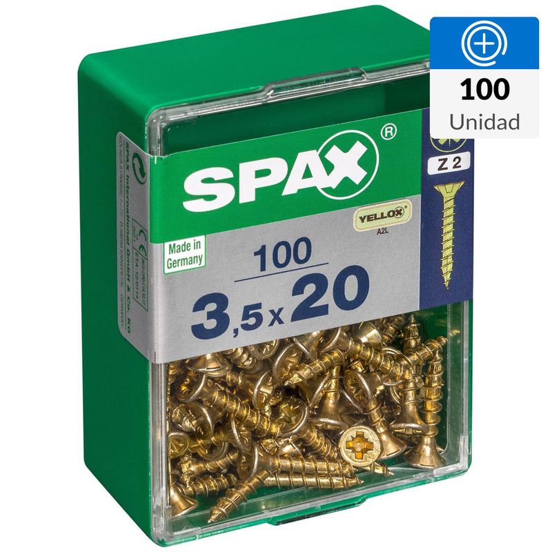 SPAX AMERICAN SCREW - Tornillo Spax Tirafondo Cabeza Plana Madera Aglomerada 20 mm 3.5 mm 100 Unidades