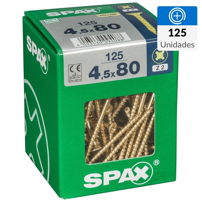 SPAX AMERICAN SCREW - Tornillo Spax Tirafondo Cabeza Plana Madera Aglomerada 80 mm 4.5 mm 125 Unidades