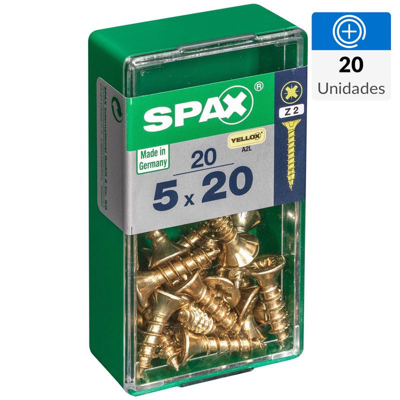 SPAX AMERICAN SCREW - Tornillo Spax Tirafondo Cabeza Plana Madera Aglomerada 20 mm 5 mm 20 Unidades