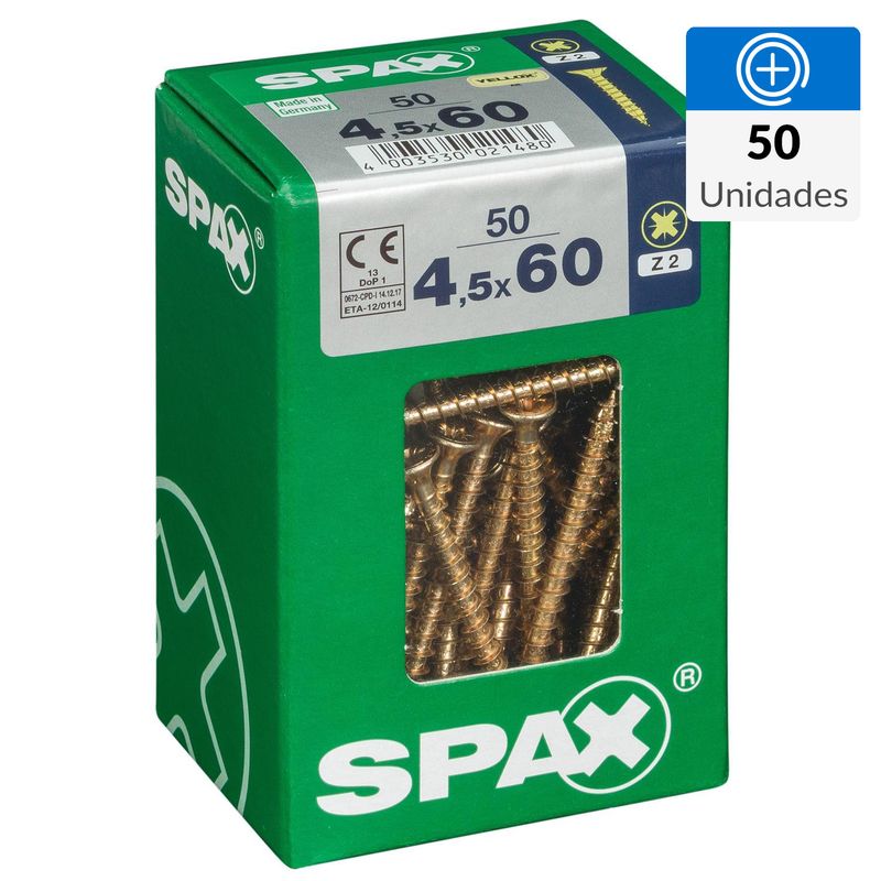 SPAX AMERICAN SCREW - Tornillo Spax Tirafondo Cabeza Plana Madera Aglomerada 60 mm 4.5 mm 50 Unidades