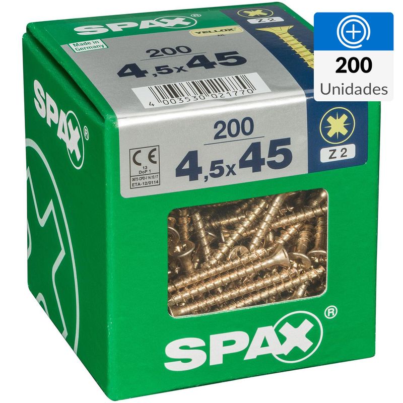 SPAX AMERICAN SCREW - Tornillo Spax Tirafondo Cabeza Plana Madera Aglomerada 45 mm 4.5 mm 200 Unidades