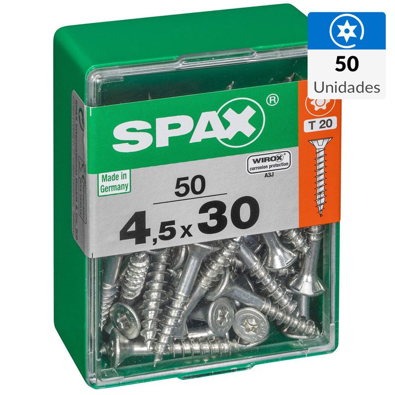SPAX AMERICAN SCREW - Tornillo Spax Tirafondo Cabeza Plana Madera Aglomerada 30 mm 4.5 mm 50 Unidades