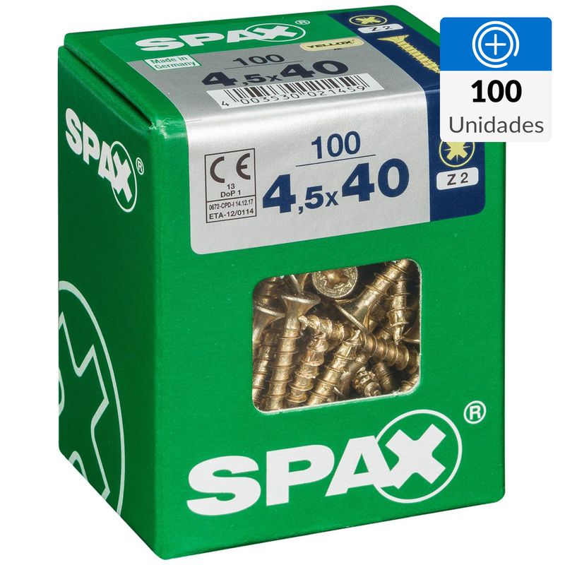 SPAX AMERICAN SCREW - Tornillo Spax Tirafondo Cabeza Plana Madera Aglomerada 40 mm 4.5 mm 100 Unidades