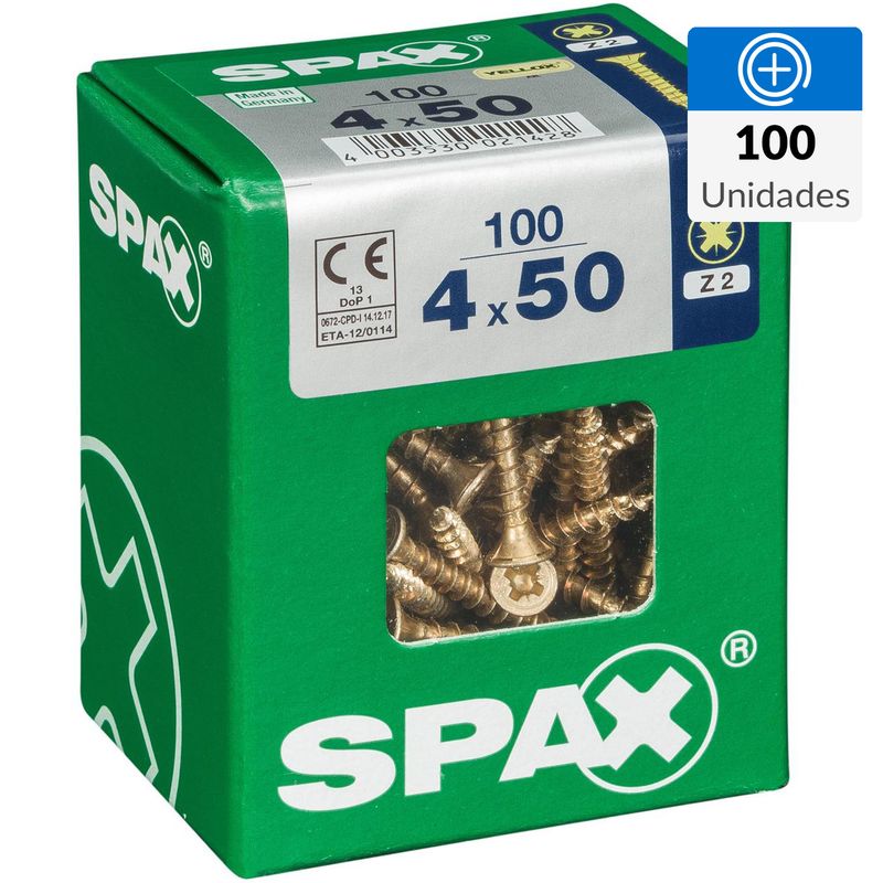 SPAX AMERICAN SCREW - Tornillo Spax Tirafondo Cabeza Plana Madera Aglomerada 50 mm 4 mm 100 Unidades