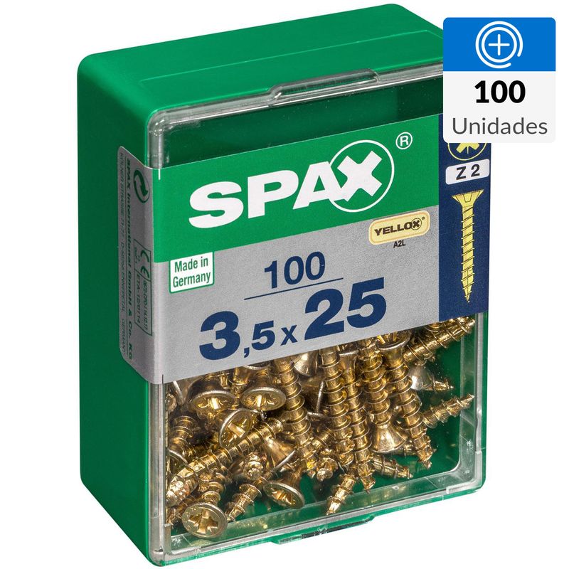 SPAX AMERICAN SCREW - Tornillo Spax Tirafondo Cabeza Plana Madera Aglomerada 25 mm 3.5 mm 100 Unidades