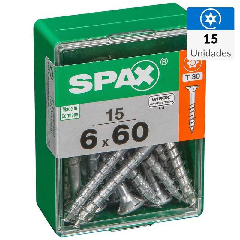 SPAX AMERICAN SCREW - Tornillo Spax Tirafondo Cabeza Plana Madera Aglomerada 60 mm 6 mm 15 Unidades