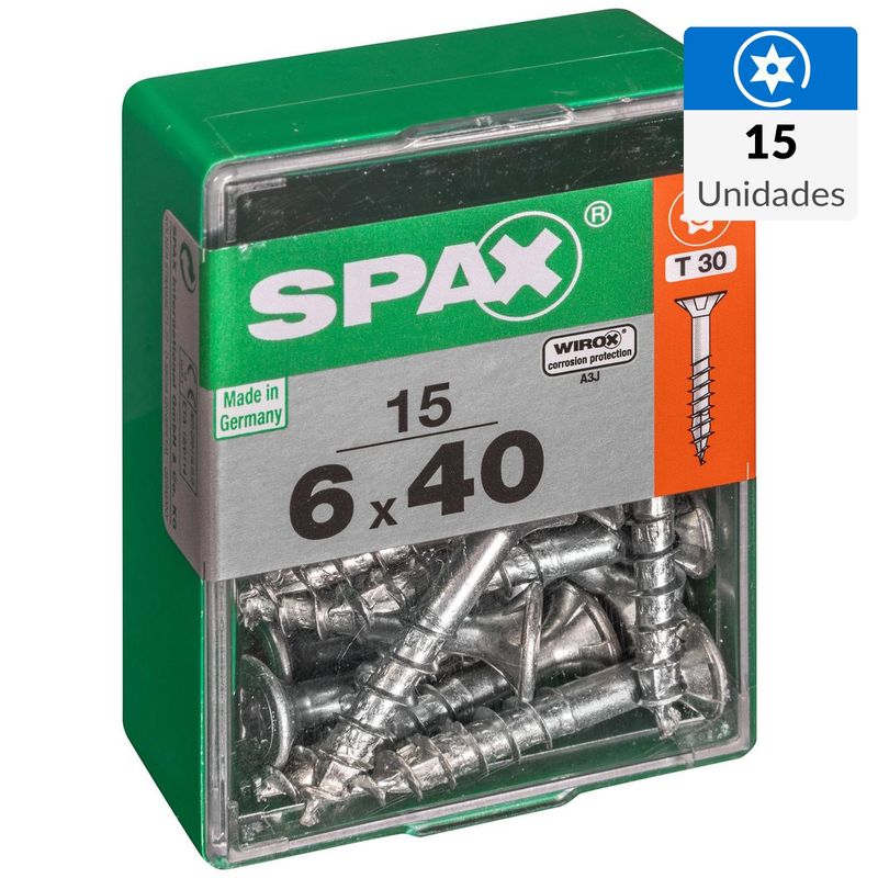 SPAX AMERICAN SCREW - Tornillo Spax Tirafondo Cabeza Plana Madera Aglomerada 40 mm 6 mm 15 Unidades