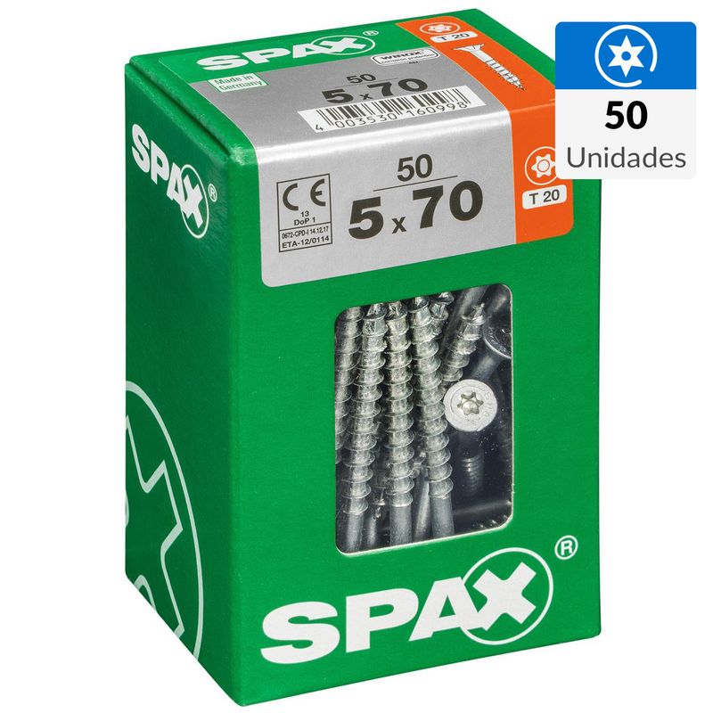 SPAX AMERICAN SCREW - Tornillo Spax Tirafondo Cabeza Plana Madera Aglomerada 70 mm 5 mm 50 Unidades