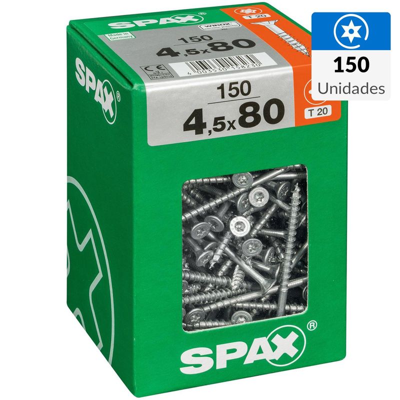 SPAX AMERICAN SCREW - Tornillo Spax Tirafondo Cabeza Plana Madera Aglomerada 80 mm 4.5 mm 150 Unidades