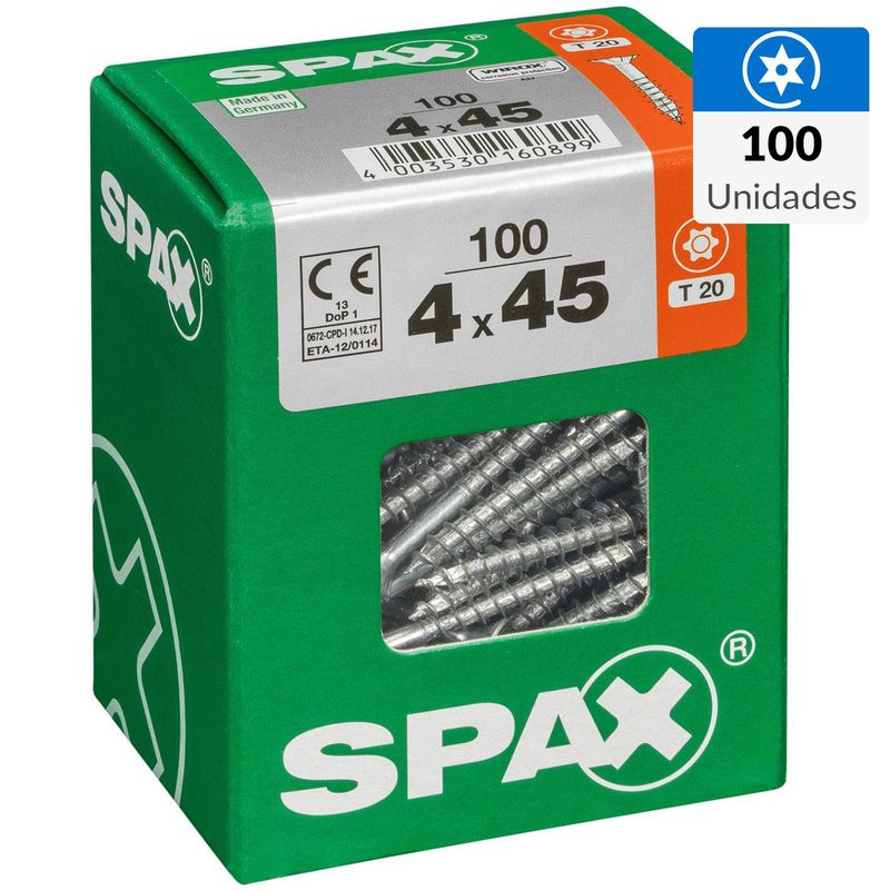 SPAX AMERICAN SCREW - Tornillo Spax Tirafondo Cabeza Plana Madera Aglomerada 45 mm 4 mm 100 Unidades