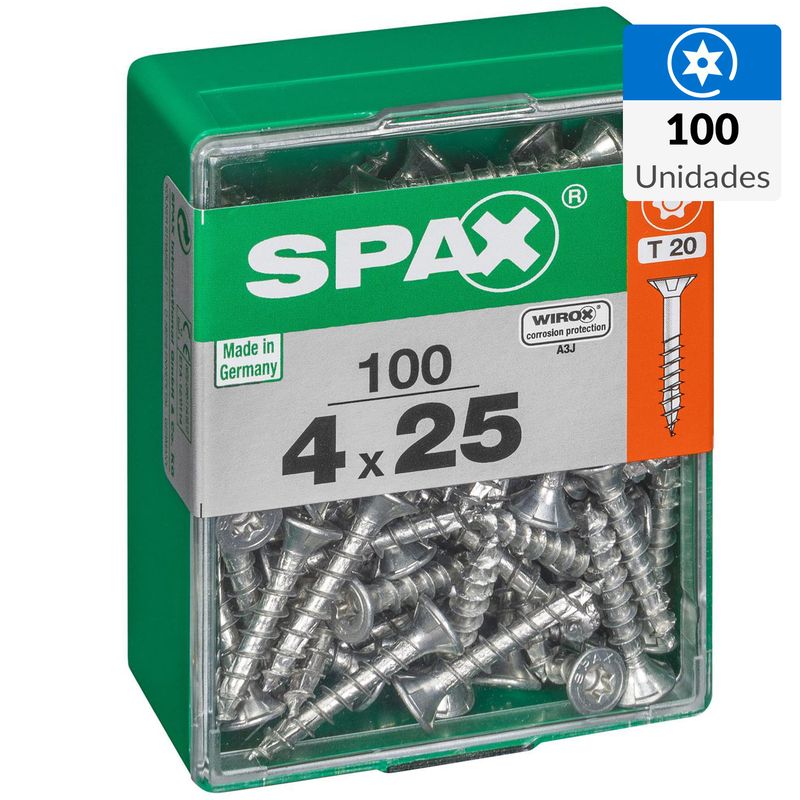 SPAX AMERICAN SCREW - Tornillo Spax Tirafondo Cabeza Plana Madera Aglomerada 25 mm 4 mm 100 Unidades