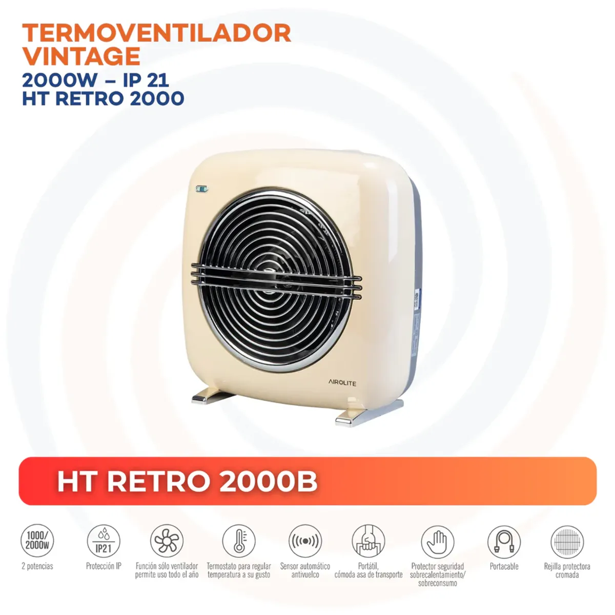 AIROLITE - Termoventilador Vintage Eléctrico 2000 W HT RETRO 2000B Blanco