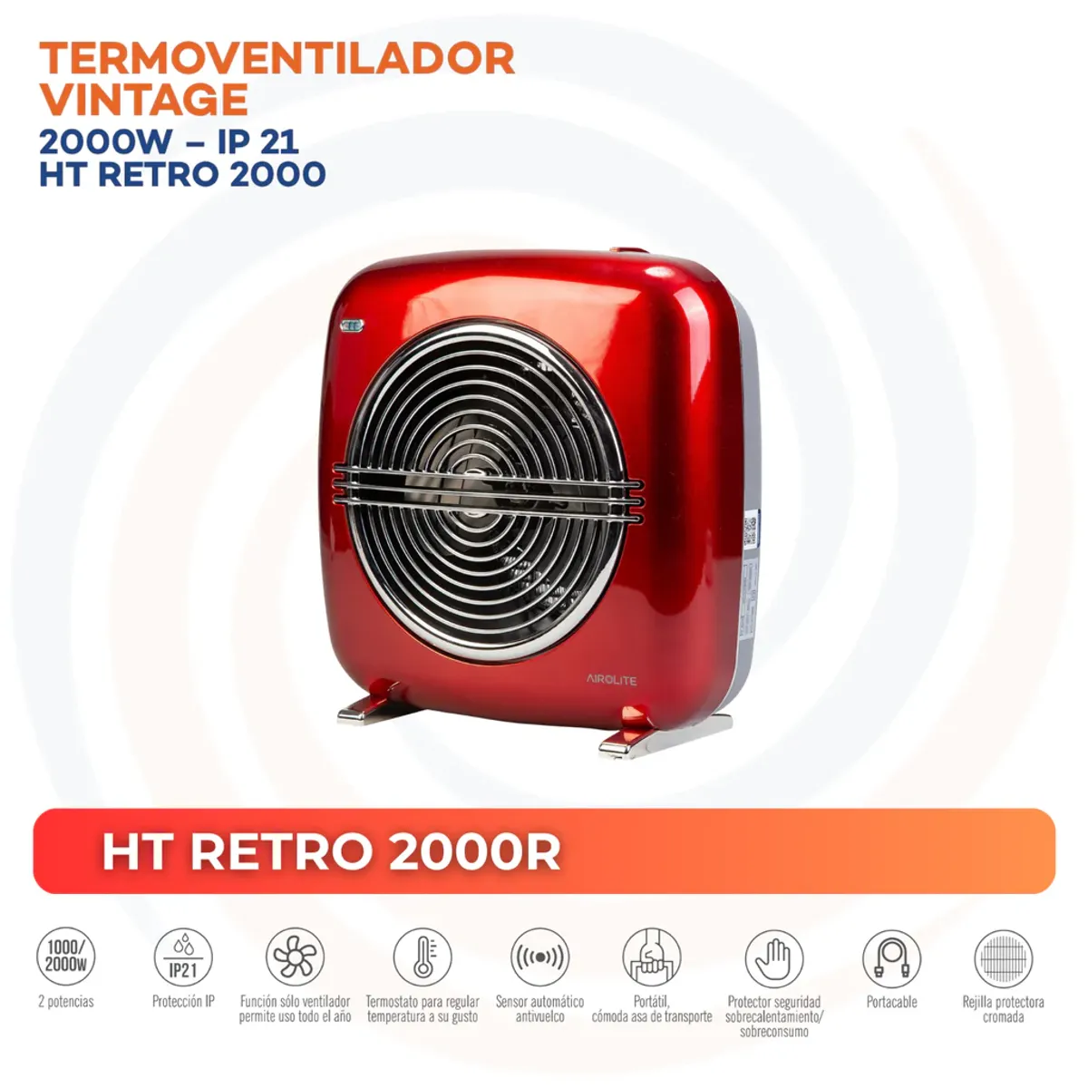 AIROLITE - Termoventilador Vintage Eléctrico 2000 W HT RETRO 2000R Rojo