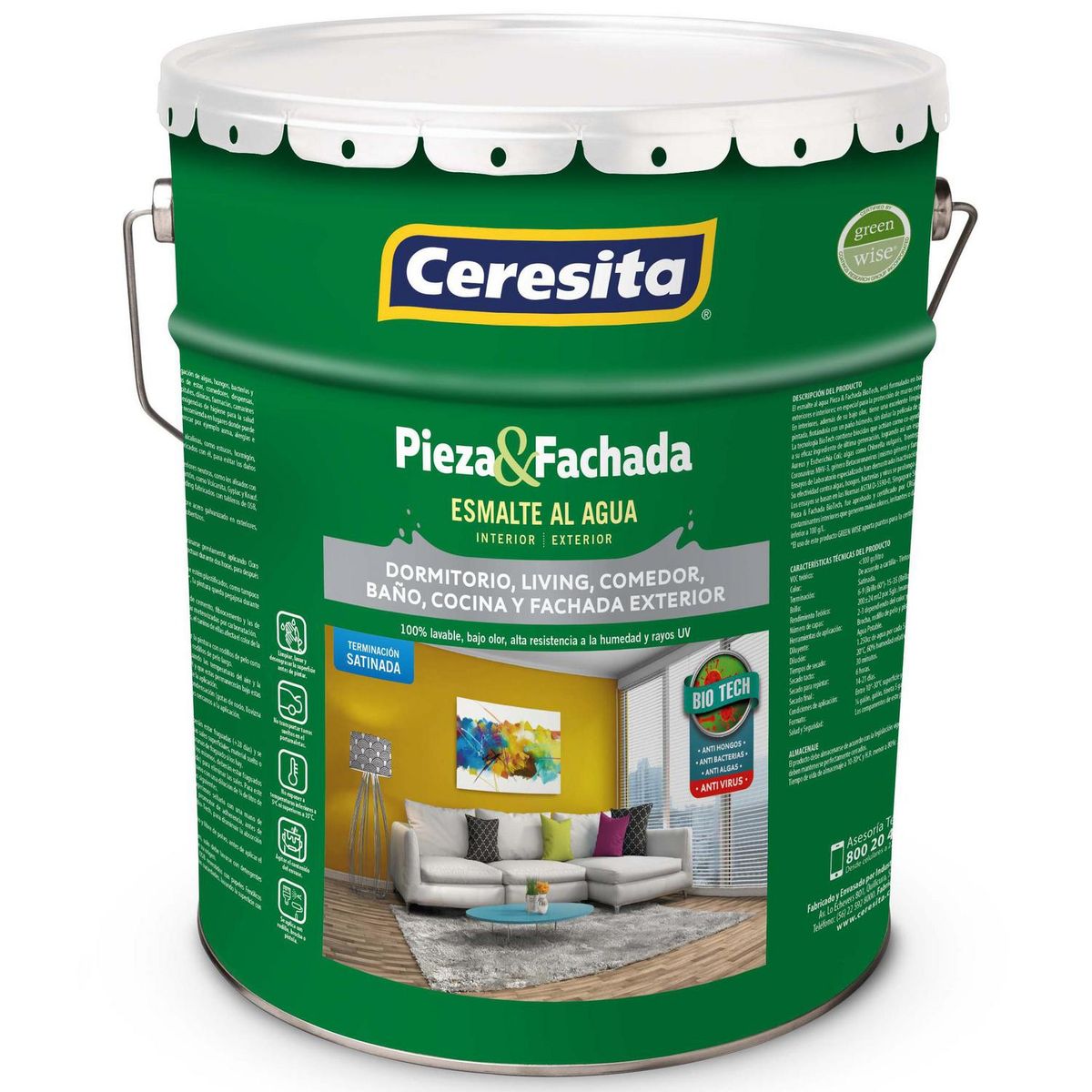 CERESITA - Esmalte al Agua Pieza y Fachada Satinado 5 galón(es) Blanco Sensitive White