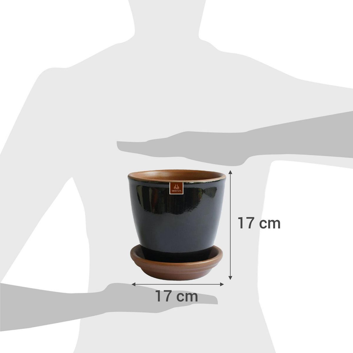 MESTIZA - Set Macetero y Plato Zafiro de Cerámica 17x17 Negro