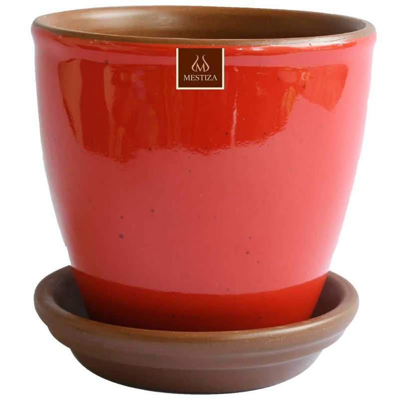 MESTIZA - Set Macetero Ceramico Zafiro Rojo 24cm y Plato decorativo
