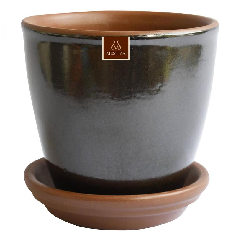 MESTIZA - Set Macetero y Plato Zafiro de Cerámica 24x24 Platino