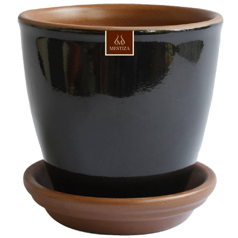 MESTIZA - Set Macetero Ceramico Zafiro Negro, 24cm y Plato decorativo