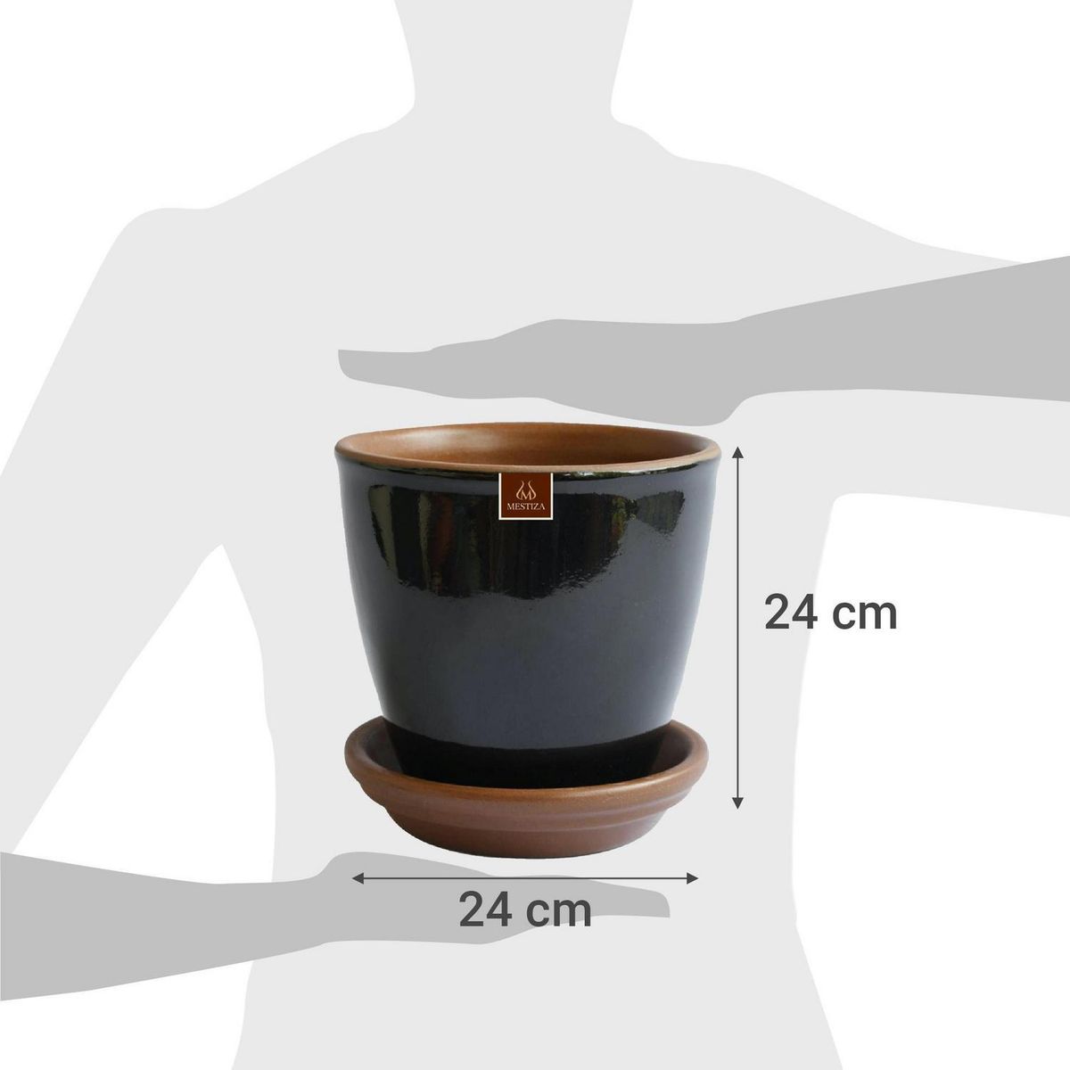 MESTIZA - Set Macetero y Plato Zafiro de Cerámica 24x24 Negro