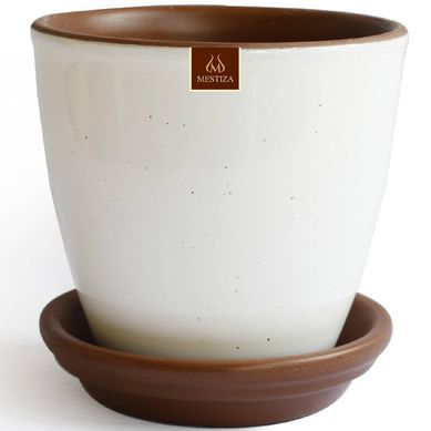 Set Macetero Ceramico Zafiro Blanco 24cm y Plato decorativo