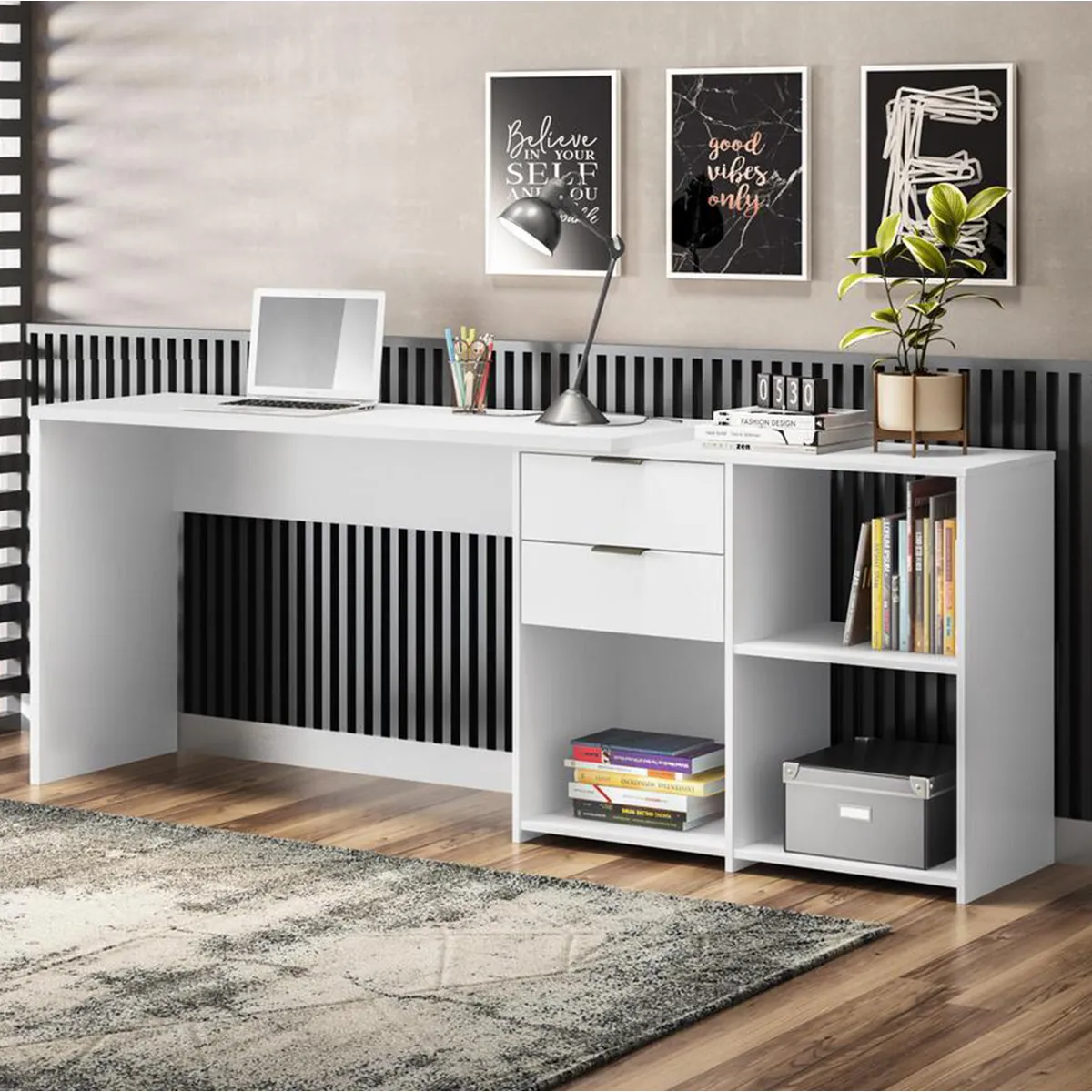 HOME MOBILI - Escritorio 2 Cajones Nacho MDP 73x200x38 cm Blanco