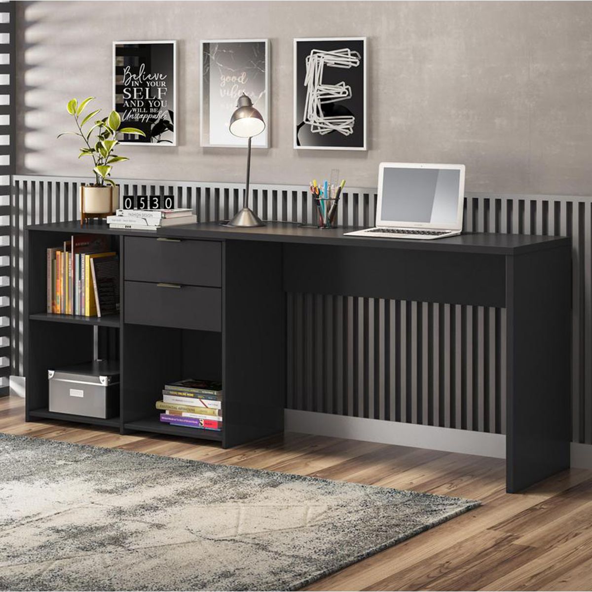 HOME MOBILI - Escritorio 2 Cajones Mila MDP 73x200x38 cm Negro