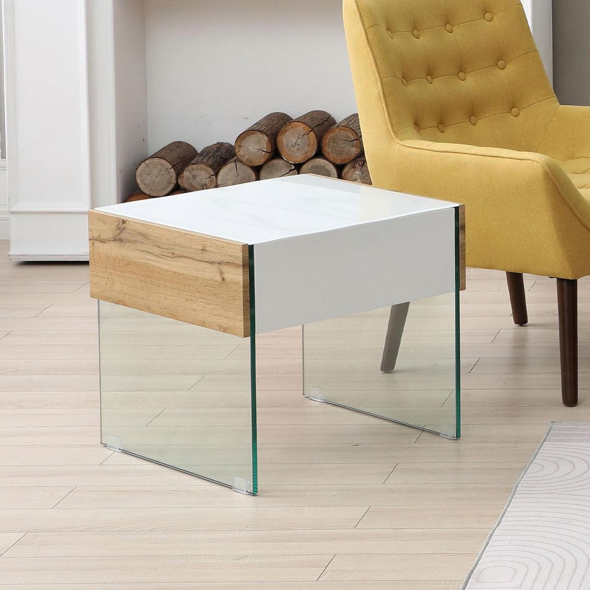 HOMY - Mesa lateral 55x55x50 cm blanco / madera