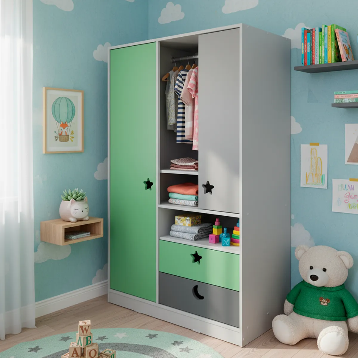 MUEBLES KIDS - Combo Clóset 3 Puerta(s) 3 Cajón(es) 5 Repisa(s) 100x180x45 cm Verde/Gris