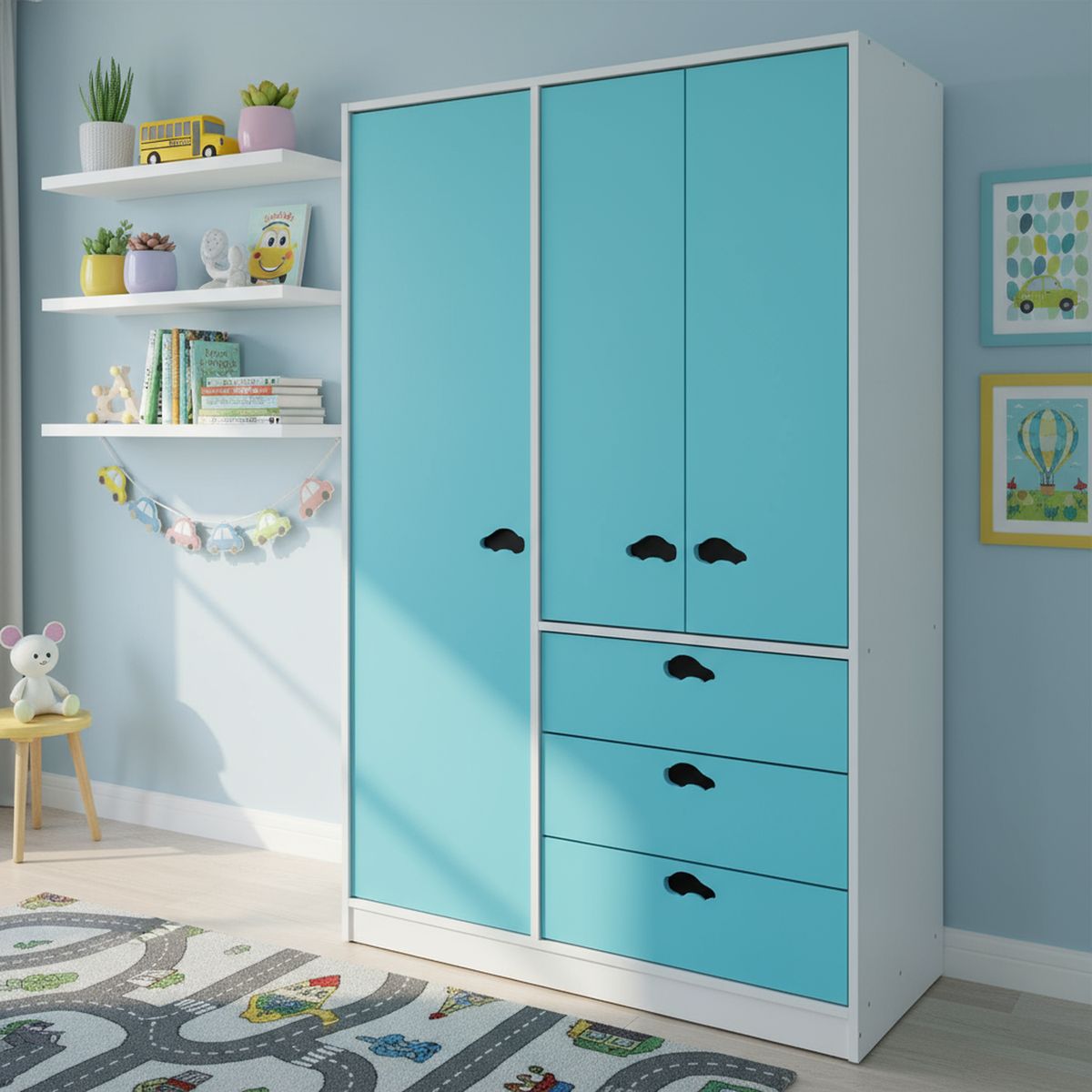 MUEBLES KIDS - Clóset Auto 3 Puerta(s) 3 Cajón(es) 5 Repisa(s) 100x180x45 cm Celeste