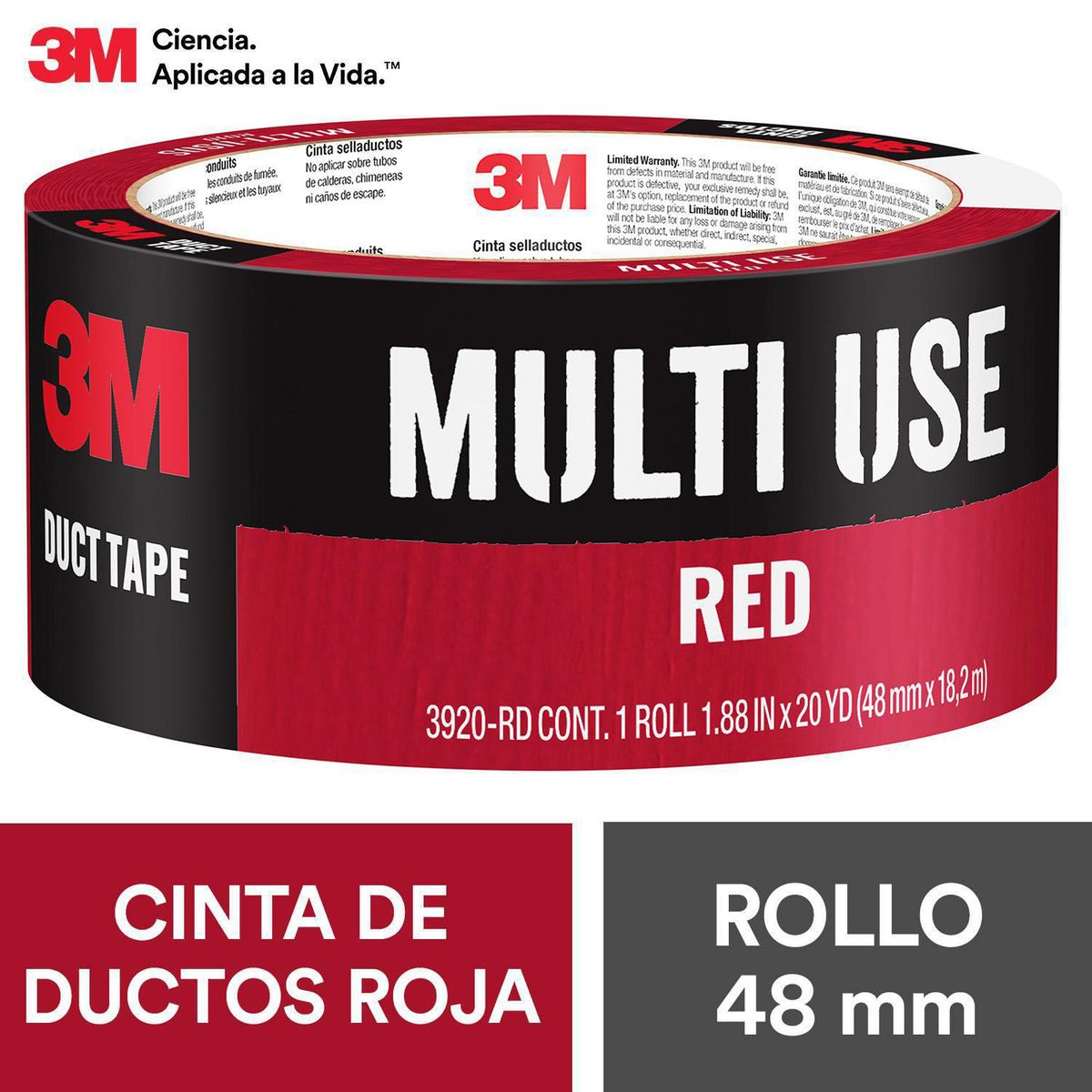 3M - Cinta de Tela Duct Tape de reparación Roja 48 mm x 18 mts