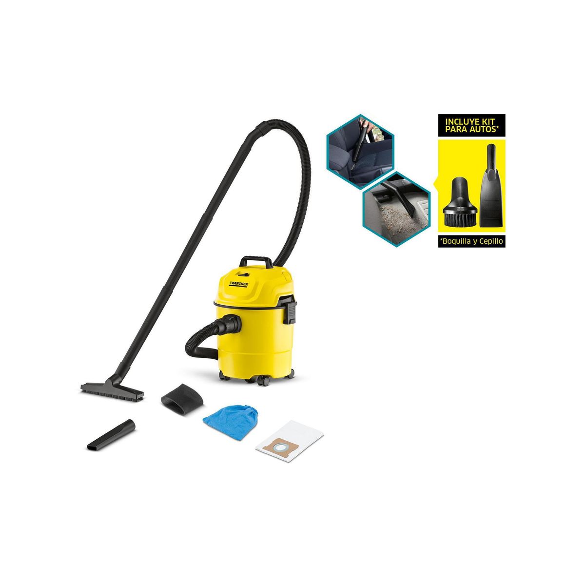KARCHER - Aspiradora de Polvo y Agua cpn Kit Auto 1000 W 15 Litros WD1 DAKAR