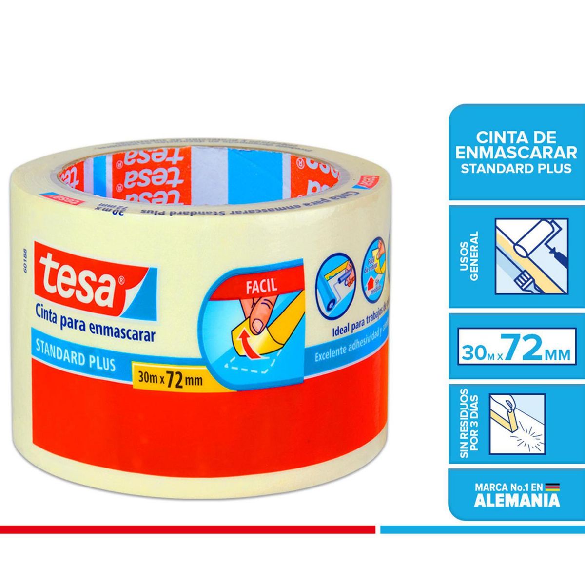 TESA - Cinta Masking Tesa 30m 72 mm Uso General Enmascarar Pintura