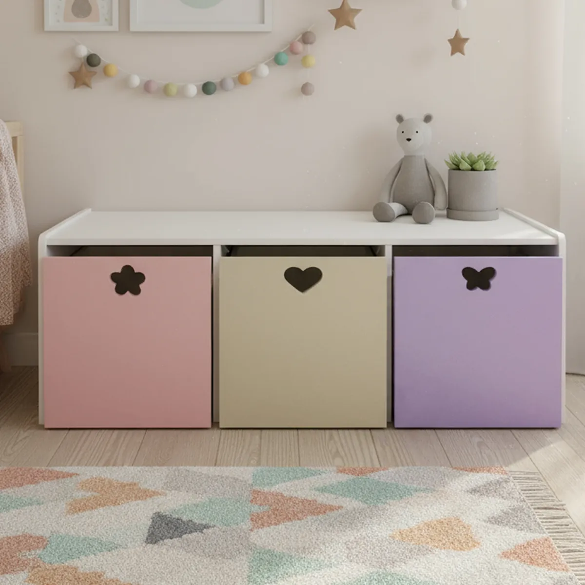 MUEBLES KIDS - Juguetera 3 Cajón(es) Crema Lila 120x50x50 cm Crema Lila Rosado