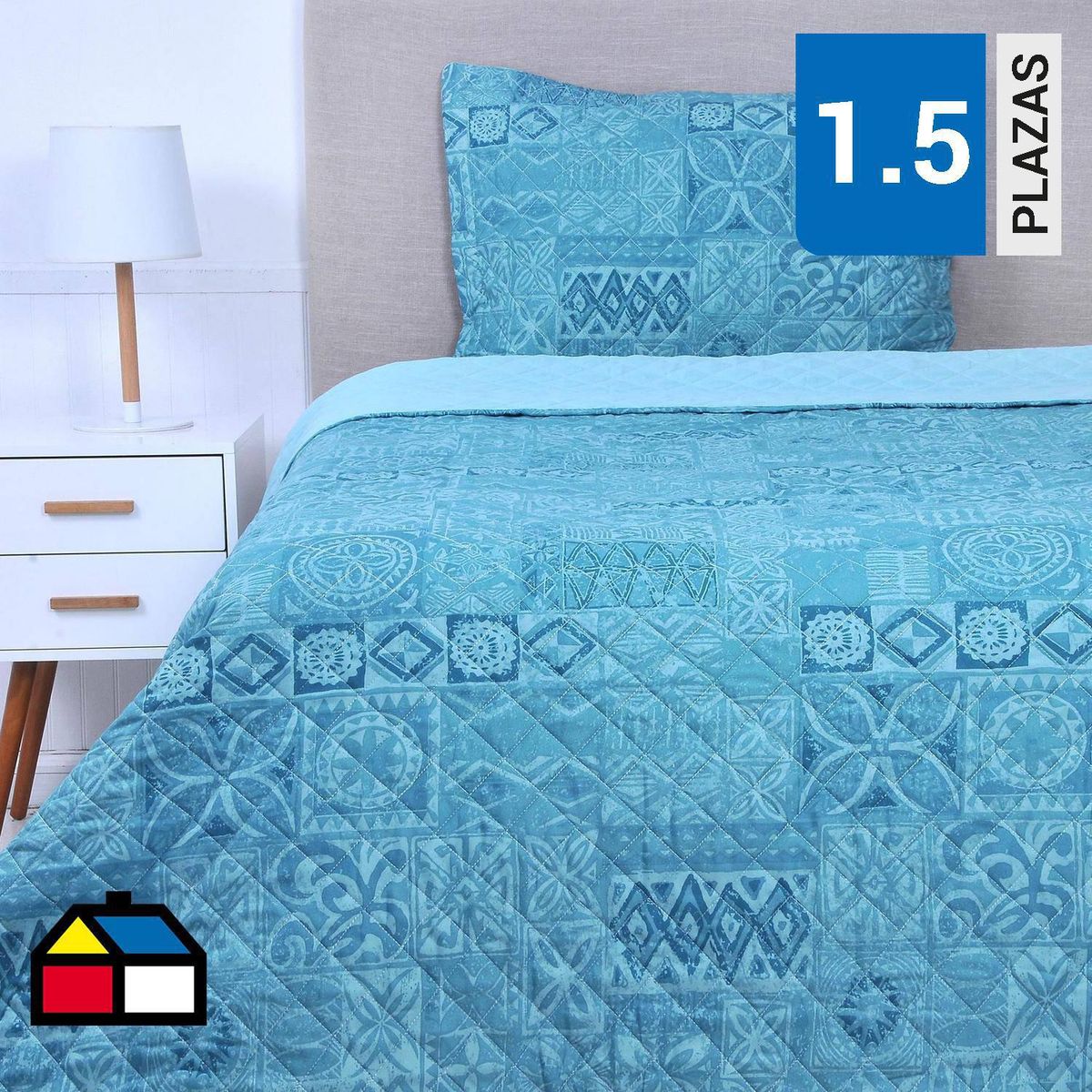 MASHINI - Cubrecama Quilt 1.5 plazas Patchwork Celeste 