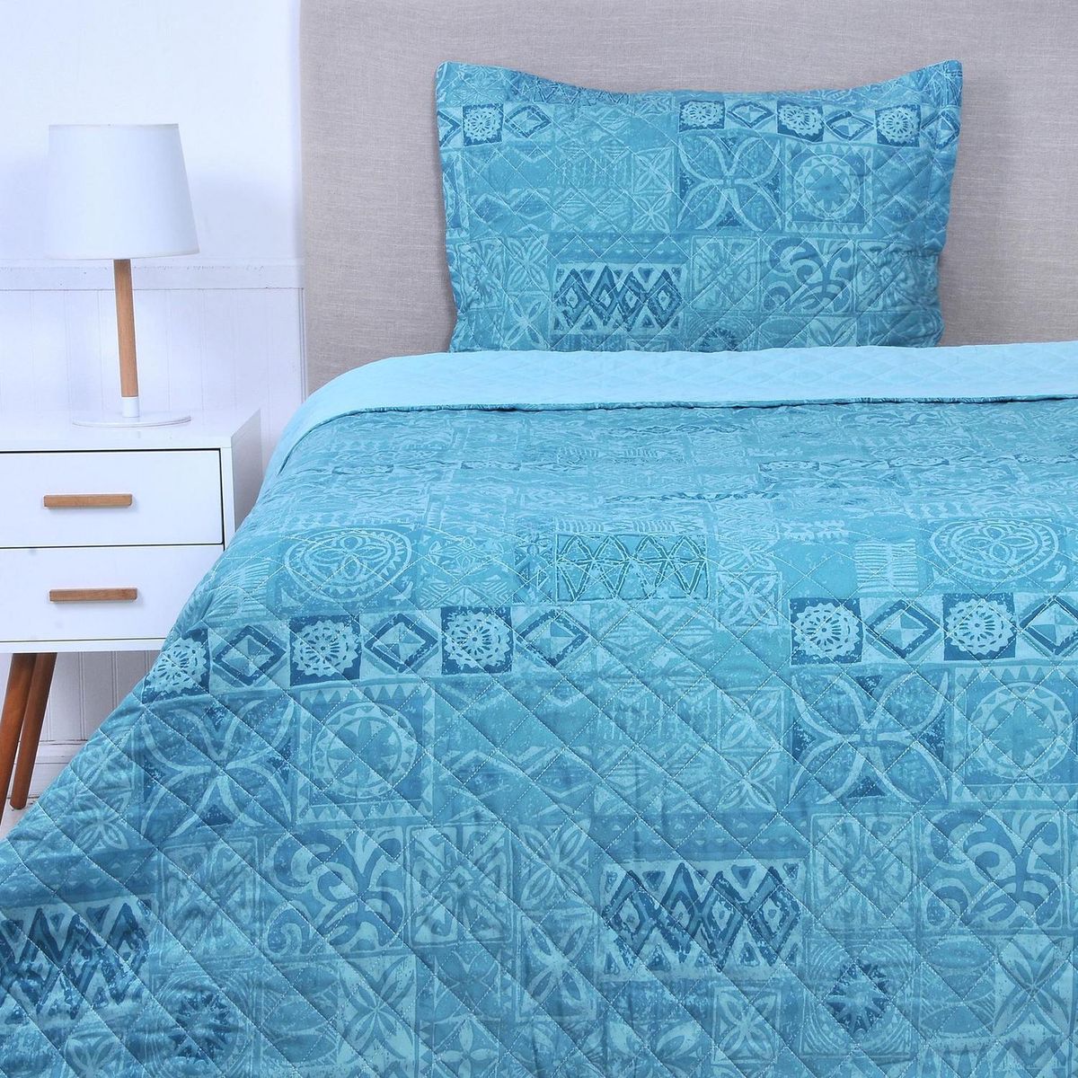 MASHINI - Cubrecama Quilt 1.5 plazas Patchwork Celeste 