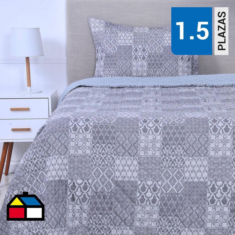 MASHINI - Cubrecama Quilt 1.5 plazas Patchwork Gris