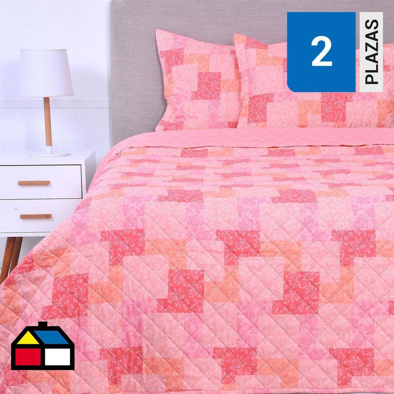 MASHINI - Cubrecama Quilt 2 plazas Patchwork Rosado
