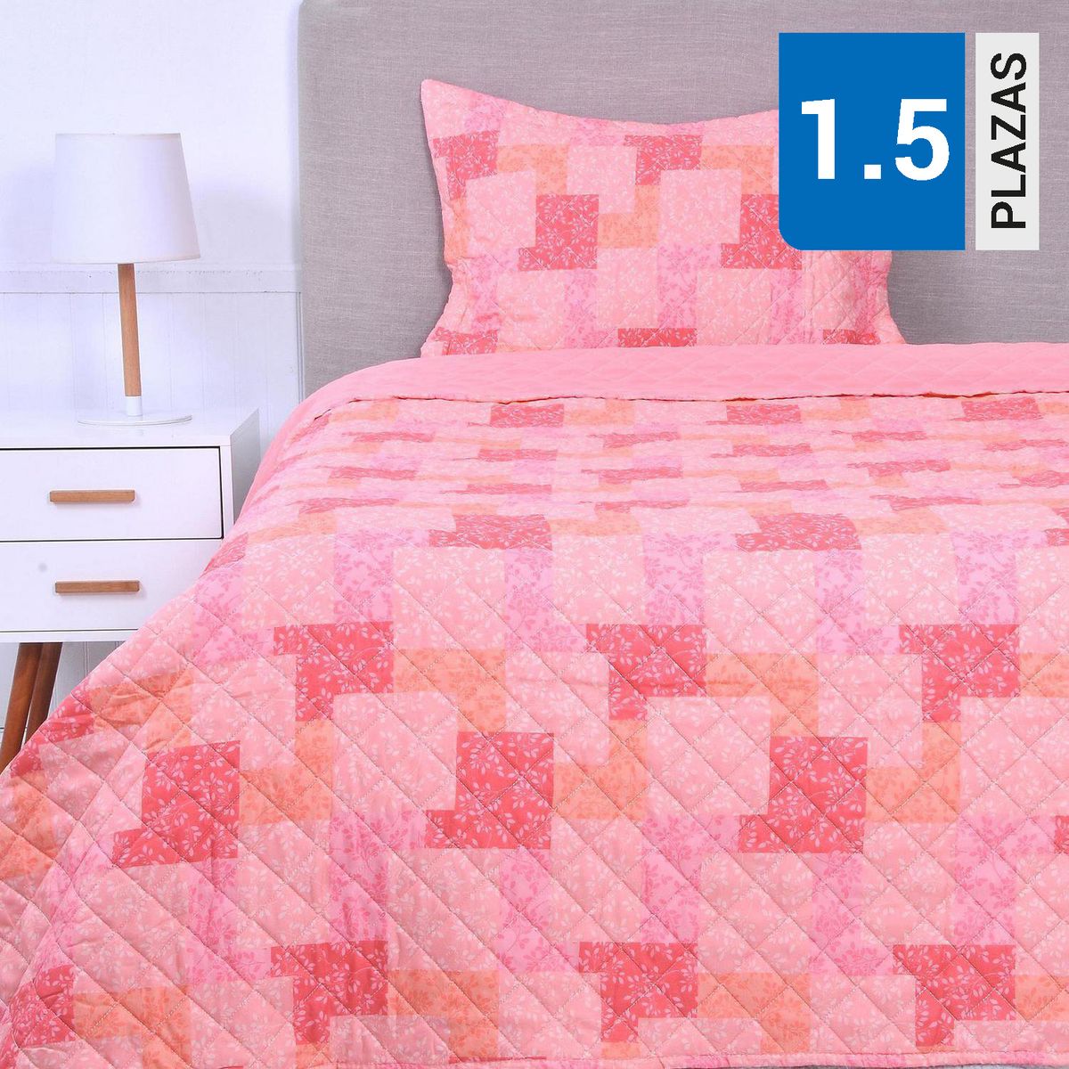 MASHINI - Cubrecama Quilt 1.5 plazas Patchwork Rosado 