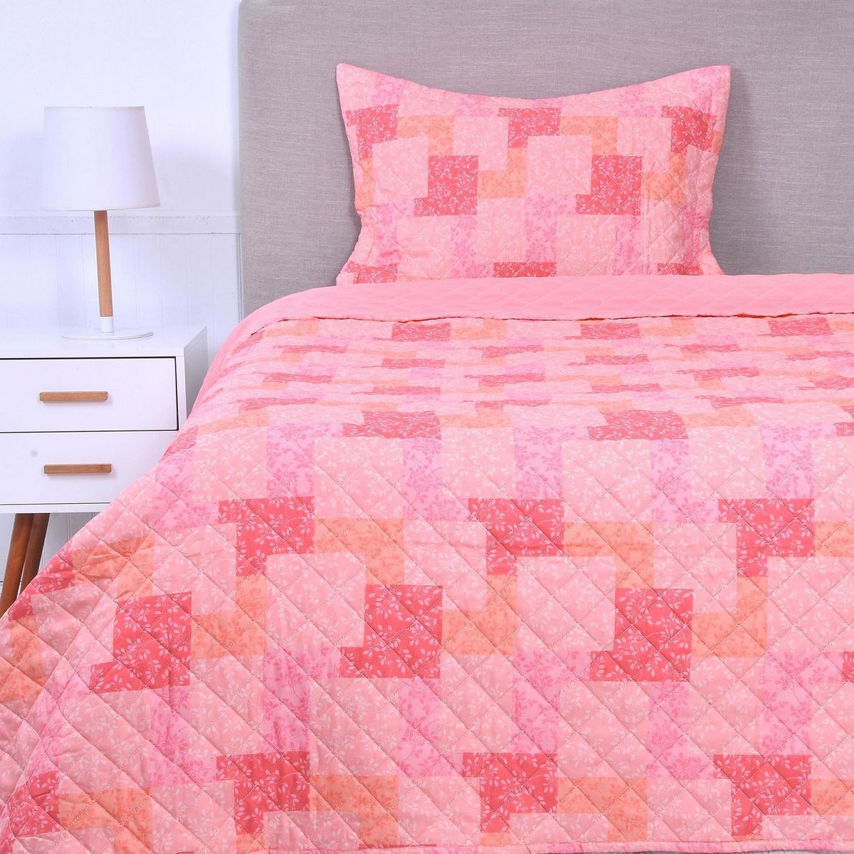 MASHINI - Cubrecama Quilt 1.5 plazas Patchwork Rosado 