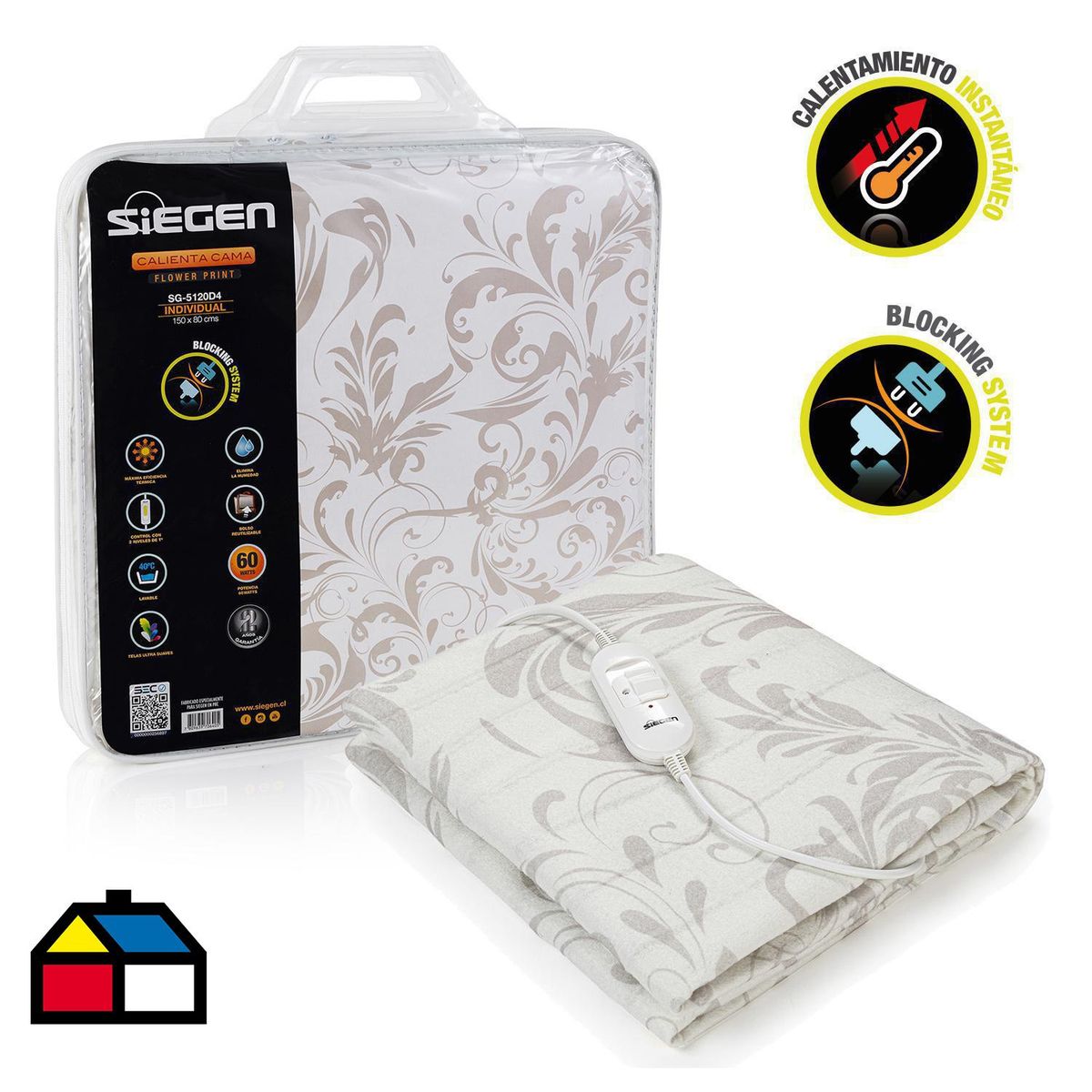 SIEGEN - Calientacamas SG-5120D4 Eléctrica Poliéster 1 plaza 60 W Blanco