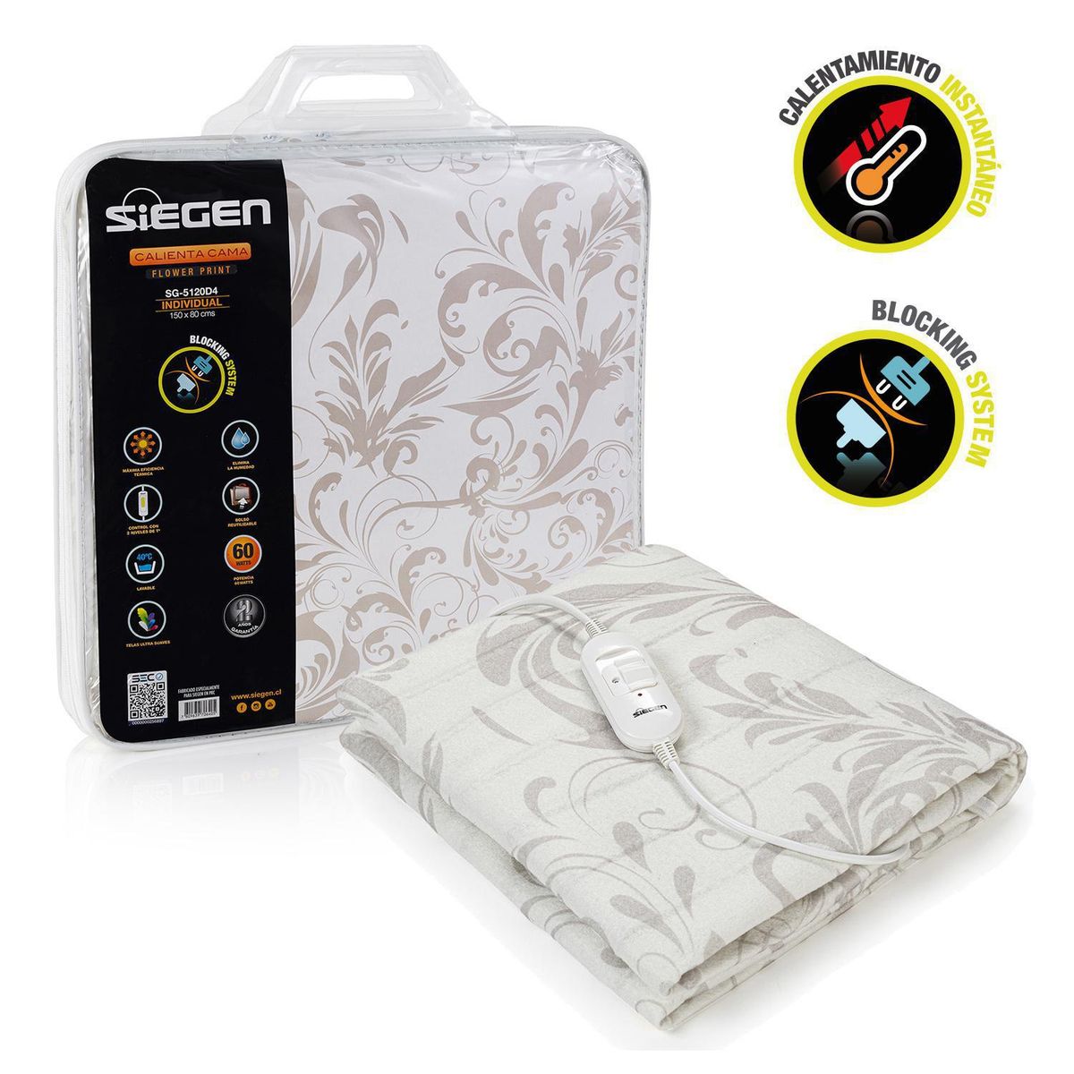 SIEGEN - Calientacamas SG-5120D4 Eléctrica Poliéster 1 plaza 60 W Blanco